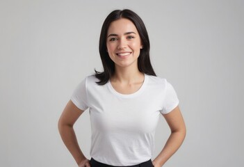 Wall Mural - Smiling woman standing confidently in a white t-shirt, hands on hips.