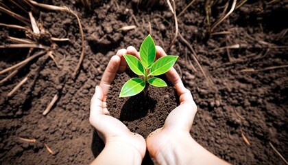 image of a new tree growing on the ground held by two human hands with a background of environmental