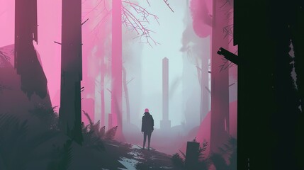 Poster - Dense fog trail artwork flat design front view solitude walks theme animation Tetradic color scheme --ar 16:9 --stylize 0 Job ID: bebf2bf1-cb39-483d-86bb-e173364e3d74