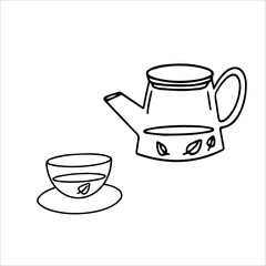 vector doodle illustration, glass teapot with tea and cup and saucer, outline drawing