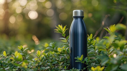 One insulated squeeze water bottle for sports, featuring a sleek blue design, positioned on a vibrant green leaf background with a blurred natural backdrop, highlighting eco-friendliness and outdoor