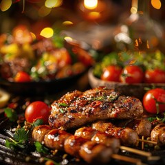 Wall Mural - Delicious grilled meat skewers with fresh vegetables at a barbecue, perfect for a summer outdoor feast with friends and family.