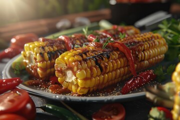 Wall Mural - Delicious grilled corn on the cob garnished with herbs and spices, served on a plate with fresh vegetables in a rustic outdoor setting.