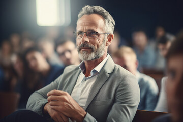 Canvas Print - Portrait of a mature man manager school for a training a pass a new degree generative ai