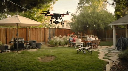 A small, personal drone hovering over a backyard family gathering, live-streaming video to relatives unable to attend, integrating social connectivity.