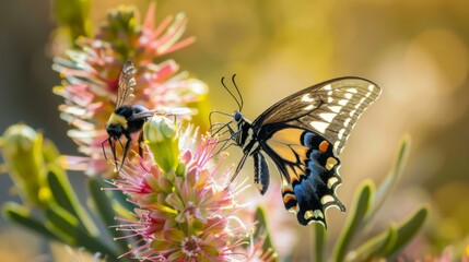 Poster - A butterfly and a bee sharing a flower, highlighting the harmony and coexistence of different species