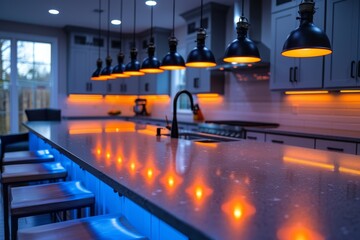 Canvas Print - Modern kitchen with neon lighting, sleek design, bar stools, contemporary style, high end appliances, vibrant ambiance, nightlife setting