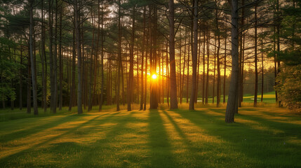 Wall Mural - A large field of grass with trees in the background. The sun is setting, casting long shadows on the grass