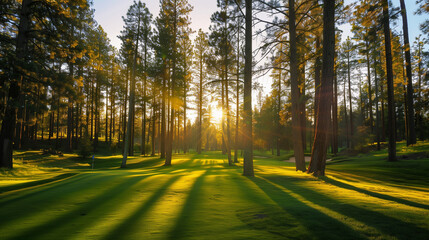 Wall Mural - A large field of grass with trees in the background. The sun is setting, casting long shadows on the grass