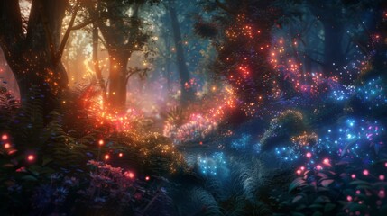 Wall Mural - A forest with colorful lights and flowers
