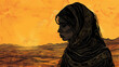 © arhendrix - Illustrate the grace and elegance of an Arabian woman silhouetted against the warm hues of a desert sunset using bold, intricate linework in a detailed ink drawing