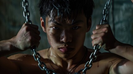 A young Asian man photographed with a metal chain on his hands