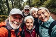 © Наталья некрасова - Nature, selfie and senior friends hiking together in a forest while on an outdoor adventure. Happy, smile and portrait of a group of elderly people trekking in woods for wellness, health and exercise
