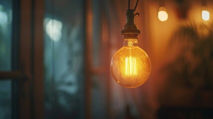 Poster - A close-up of a glowing incandescent light bulb hanging from a ceiling in a dimly lit room, creating a warm ambiance