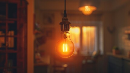 Poster - A close-up of a glowing incandescent light bulb hanging from a ceiling in a dimly lit room, creating a warm ambiance