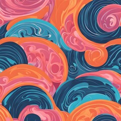 Wall Mural - a colorful design with orange and pink circles and a blue seamless pattern with waves