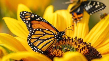 Poster - A close-up of a monarch butterfly resting on a bright yellow sunflower, highlighting its intricate wing patterns