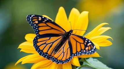Poster - A close-up of a monarch butterfly resting on a bright yellow sunflower, highlighting its intricate wing patterns
