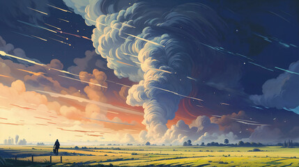 Wide landscape with towering clouds over a countryside at sunset. Design for poster, banner, wallpaper, header, book illustrations.