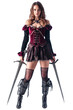© Martin - A cosplayer strikes a powerful pose, showcasing her fantasy RPG outfit: a short skirt, tights, high heels, and a gleaming sword isolated on transparent background