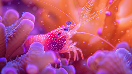 Wall Mural - A live shrimp at the bottom of the sea. Bright neon lights