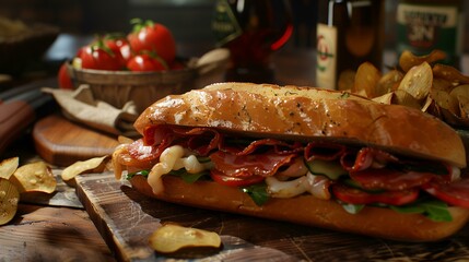 Wall Mural - Juicy cheesesteak sandwich with sides