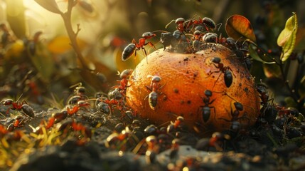 Poster - A colony of ants swarming over a fallen fruit, efficiently breaking it down and carrying pieces away