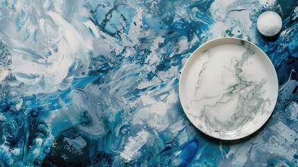 Canvas Print - Marble serving board with an empty plate and blue spice backdrop