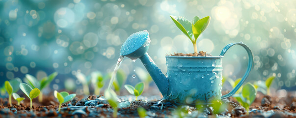 Wall Mural - Water flowing from watering can on the young sprouts in the garden. Farming and gardening concept.