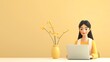 © Abdul - 3D woman character working on her laptop, with a plain gold background and a clean, minimalist desk