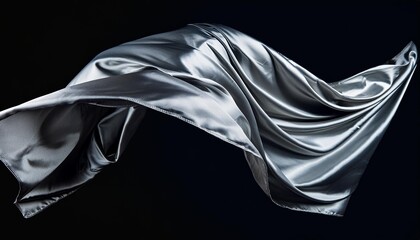 Wall Mural - silver drape fabric flying in curve shape piece of textile silver drape fabric throw fall in air black background isolated motion blur