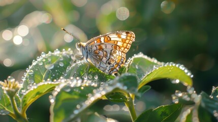 Poster - A delicate butterfly on a dewy morning leaf, with water droplets glistening in the early sunlight