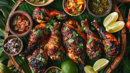 Wall Mural - A delicious spread of grilled chicken legs and thighs, served with a variety of dipping sauces and garnished with lime wedges