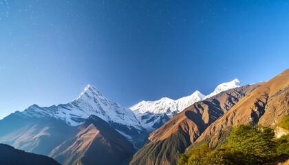 Canvas Print - panoramic view of snowy mountains and starry sky above famous annapurna nature reserve trekking route nepal