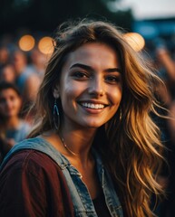 Wall Mural - beautiful young woman on concert festival smiling on camera portrait