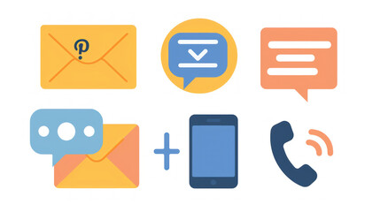 A set of communication symbols featuring a speech bubble, email envelope, phone icon, and chat bubble, neatly organized on a white background.