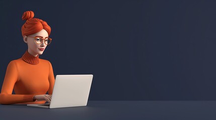 Wall Mural - 3D woman character working on her laptop, with a plain navy background and a clean, modern workspace