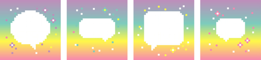 Wall Mural - Set of empty pixel art speech bubbles. Pastel rainbow gradient background. Chat or pixel dialogue box. 8-bit retro style vector illustration