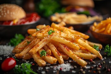 Professional food photo of appetizing and delicious fast food French fries, detailed close-up shot