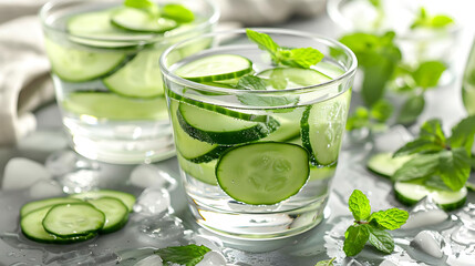 refreshing cucumber slices and mint leaves in ice - cold water on a transparent background