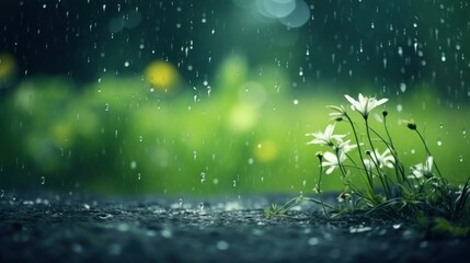 Wall Mural - Summer rain. Close-up of grass and flowers with water drops.