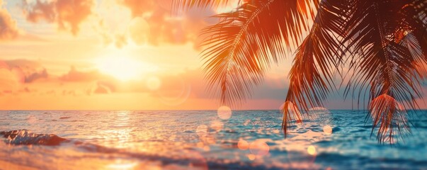 Wall Mural - Beach sunset, palm trees, serene view, close up, focus on, copy space, warm hues, Double exposure silhouette with palms