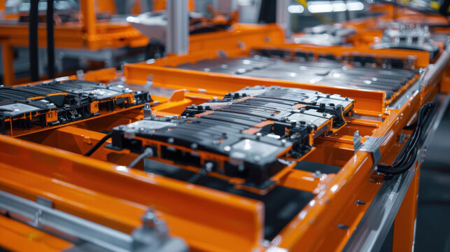 Detailed view of lithium-ion battery cells being inspected on a production line, emphasizing high-capacity energy solutions for electric vehicles in an industrial setting.