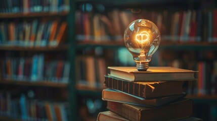 Poster - A light bulb on a stack of books, representing knowledge and enlightenment