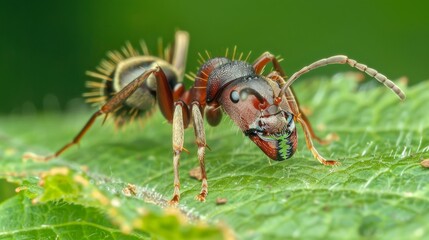 Poster - A macro shot of a single ant on a green leaf, highlighting the intricate details of its body and antennae