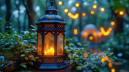 Eid mubarak and ramadan kareem greetings with islamic lantern and mosque. Eid al fitr background  