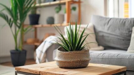 Wall Mural - Elegant living room decor featuring a wooden coffee table adorned with a houseplant and wicker basket, positioned next to a modern grey sofa.