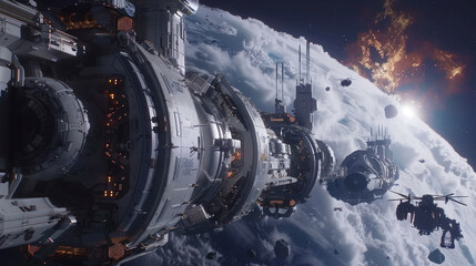 Exterior shot of an advanced space station with robotic pods and automated drones maintaining equipment, floating against the backdrop of a distant nebula.