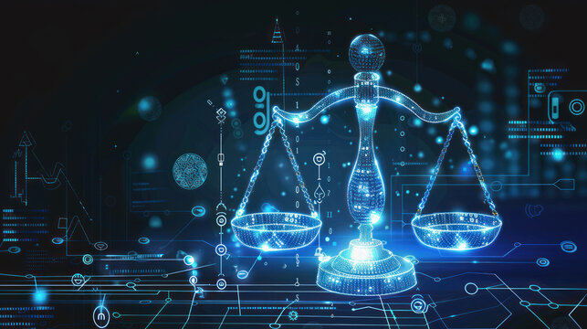 Legal scales balanced with AI icons and binary code patterns, illustrating the high-risk nature of regulating artificial intelligence within the framework of law and ethics.