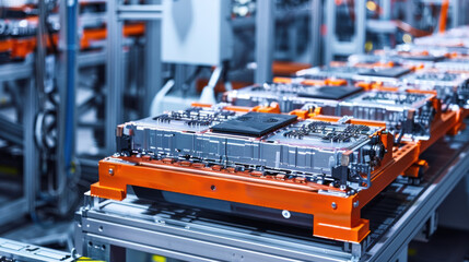 Wall Mural - Lithium-ion battery components for hybrid cars neatly arranged on a production line, showcasing high-capacity battery production inside a modern factory.